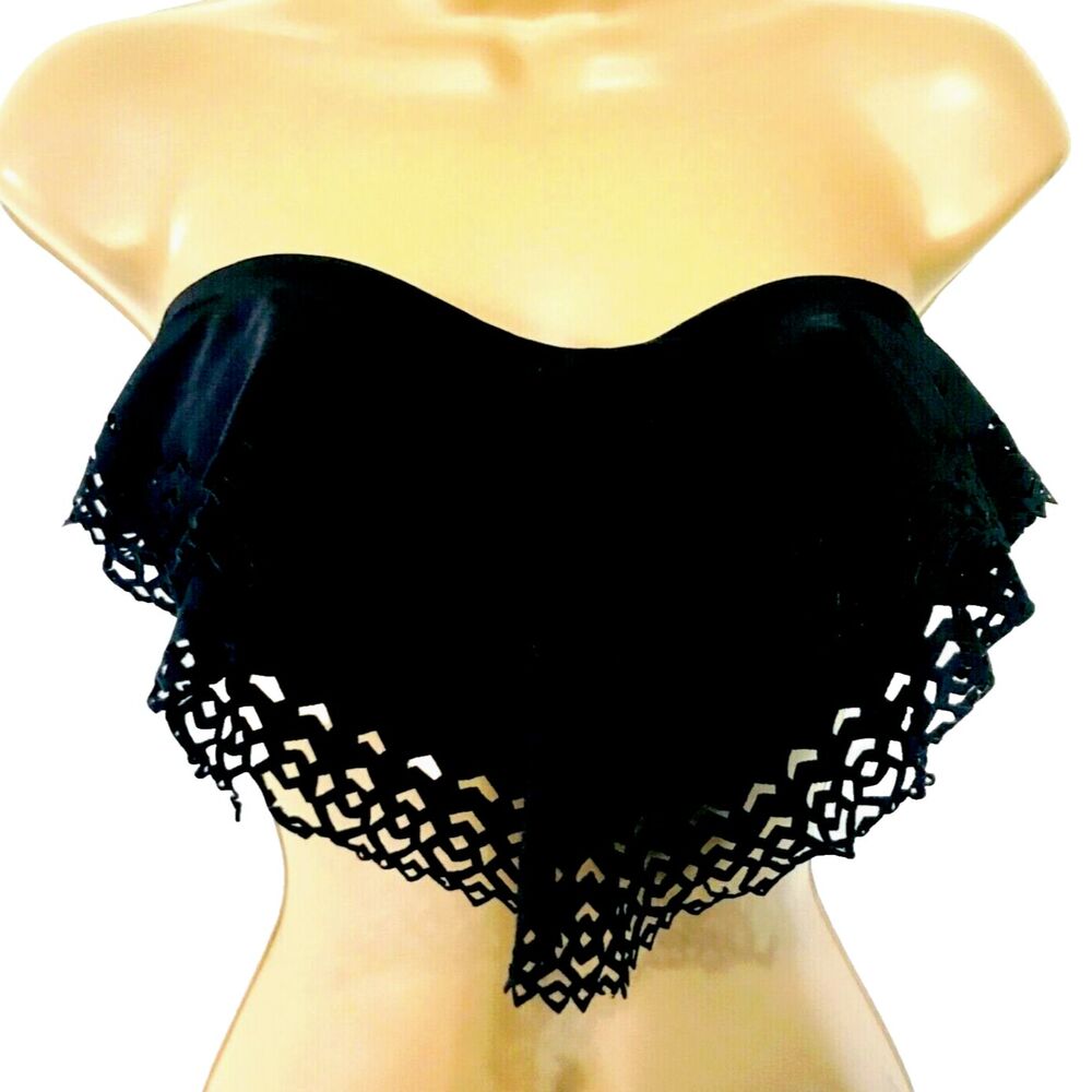 H2OH! Bikini Top Bandeau Strapless Lace Ruffle Cutouts Black Tie Back S Womens